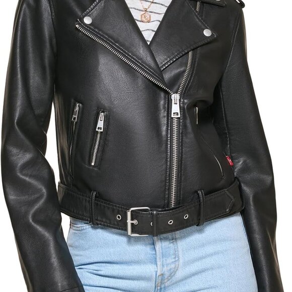 Classic Black Belted Moto Jacket for Women - Asymmetrical & Plus Size Options - Picture 1 of 5